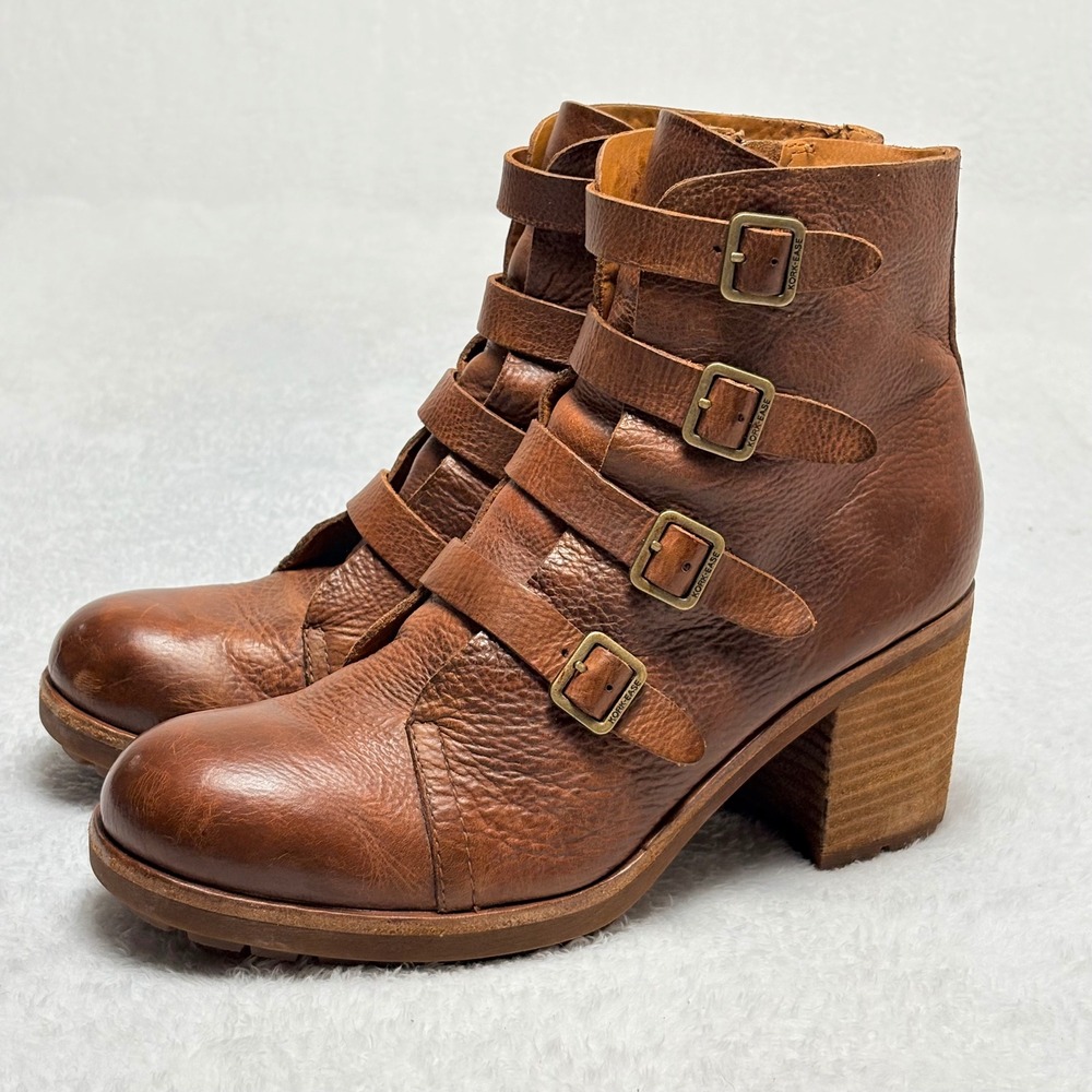 Kork-Ease Dee Brown Full Grain Leather Multi Buckle Moto Ankle Boots 9M